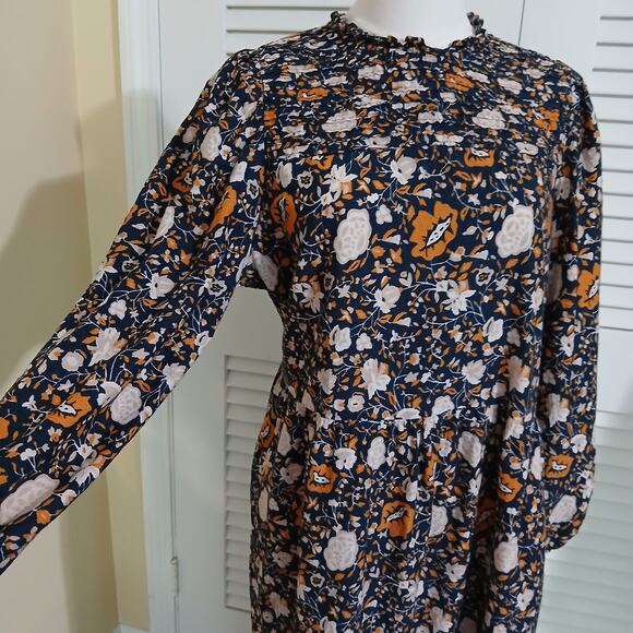 Universal Thread L Long-Sleeved Floral Smocked-Top Blue/Marigold/Beige Dress - Picture 1 of 16